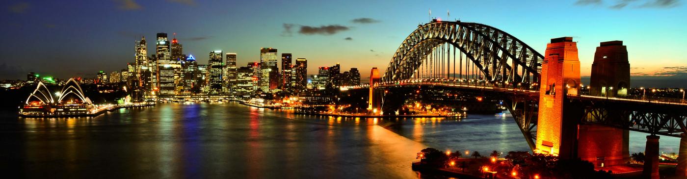The Opera House and Harbour Bridge at sunset in Sydney, New South Wales